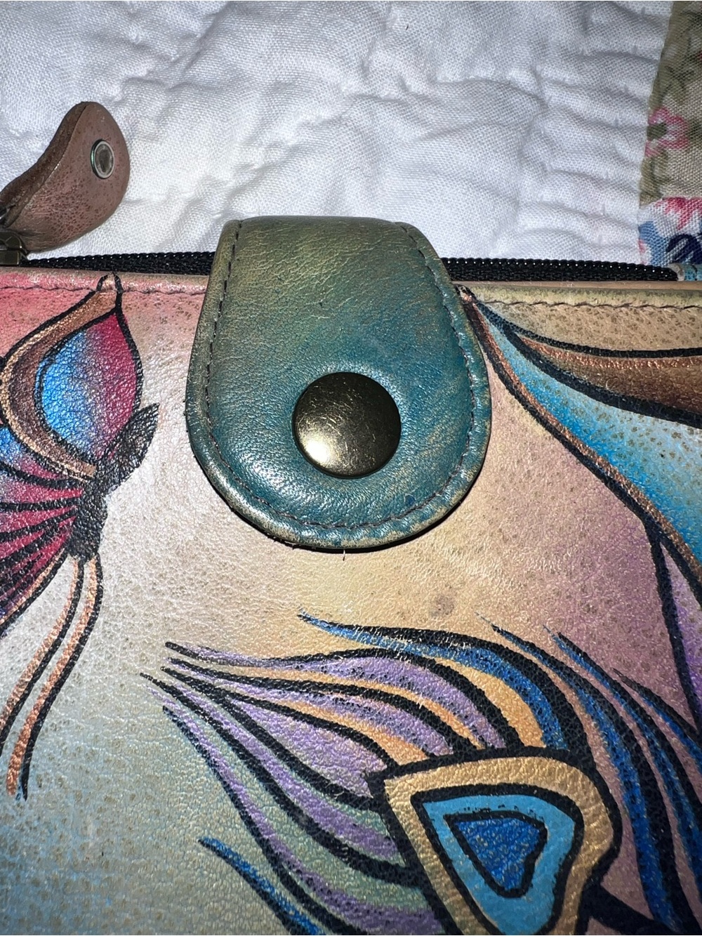 Anuschka Vintage Hand Painted Genuine Leather Trifold Wallet Boho Peacock Art - Picture 3 of 9